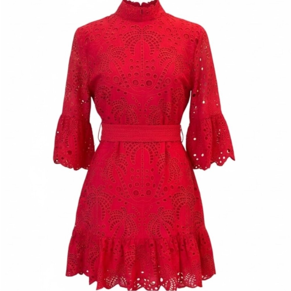 Farm Rio Red Palm Tree Mini Dress Eyelet Belted Size L NWT - Picture 6 of 15